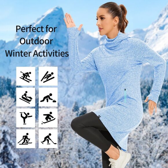 Women's Fleece Dress Running Sweatshirt Dress with Thumb Holes Pocket Light Blue - Picture 6 of 6